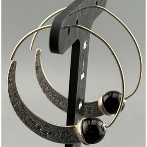 Vintage Silpada Earrings Sterling Silver Comet Tail Black Onyx Hoop 1 3/4" READ
